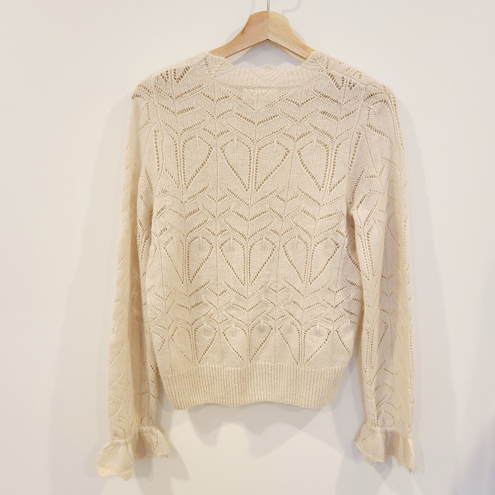 Treasure & Bond Cream Alpaca Wool Pointelle Heart Knit Ruffle Cuff Sweater S - Picture 2 of 5